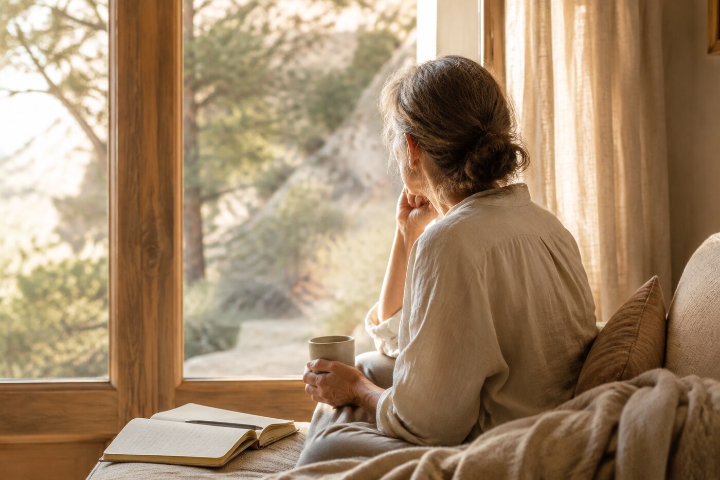 Mujer sentada junto a una ventana con una taza y un libro abierto